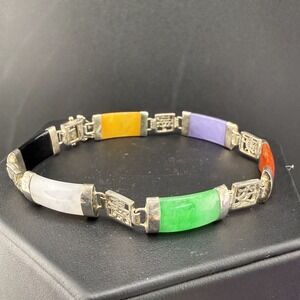 Vintage Sterling Bracelet Asian Multi Color Panel Character 7.5"